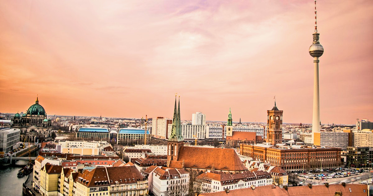 Berlin rooftops and TV Tower at sunset, Germany.