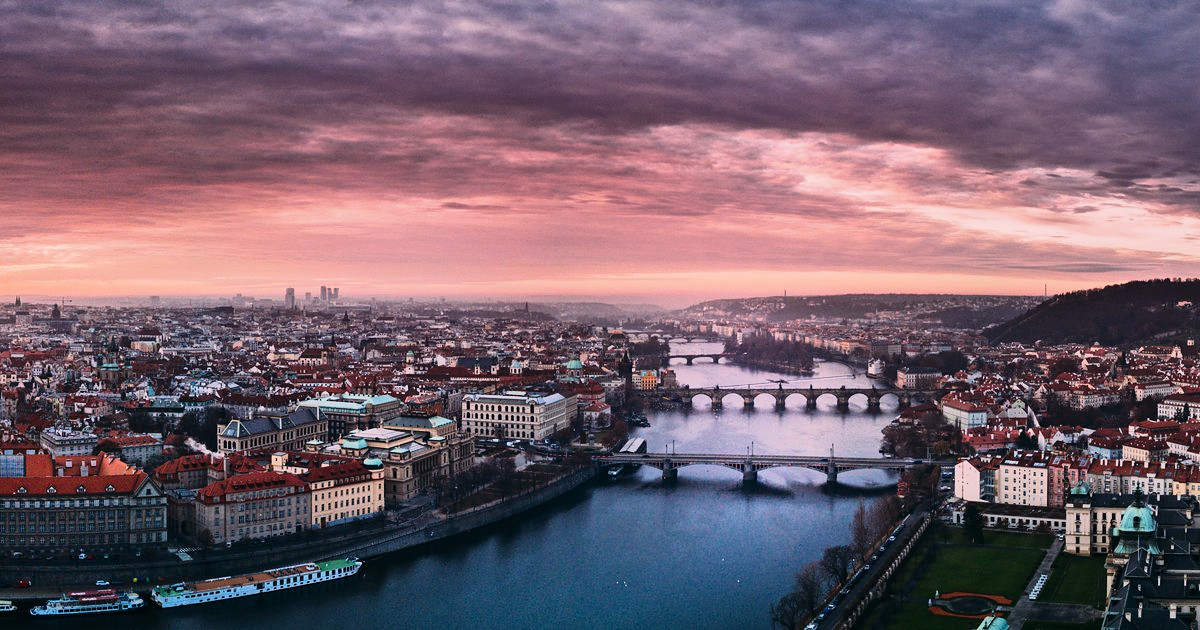 Sunrise from Letná Park, Prague, Czechia.